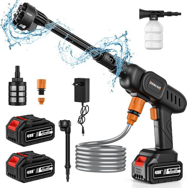 Betuyoo Kabelloser Hochdruck-Autowäscher mit 21V Lithium-Akku, Tragbare Wasserpistole mit Selbstansaugfunktion und Schaumgenerator in Orange-Schwarz - Bild 1