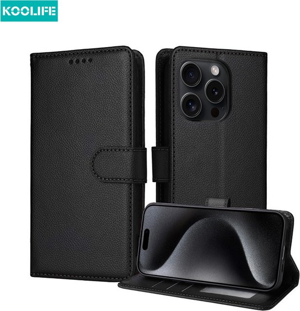 Koolife Multifunktions-Flip-Wallet-Hülle aus schwarzem PU-Leder mit Anti-Drop-Kartenhalter für iPhone 11, 12, 13, 14, 15, 16 Pro Max - Bild 1