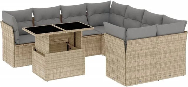 vidaXL 9-tlg Garten-Sofagarnitur aus Polyrattan in Beige mit Kissen und Tisch im L-Shape Design - Bild 1