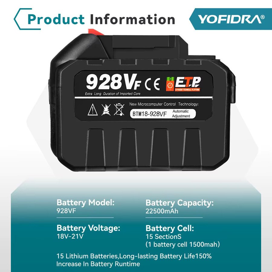 YOFIDRA Wiederaufladbare Lithium-Batterie 18-21V in Schwarz für Makita 18V und 21V Kettensägen, Bohrmaschinen und elektrische Schraubenschlüssel - Bild 2