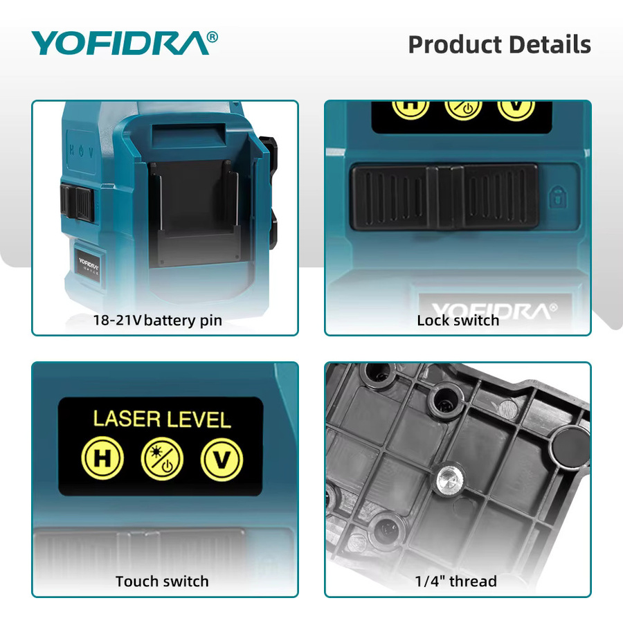 YOFIDRA 4D 16-Linien-Laser-Nivelliergerät mit 360 Grad horizontaler und vertikaler Nivellierung in Blau inklusive 1 m Stativ und Kompatibilität für Makita 21 V Akku-Pins - Bild 3