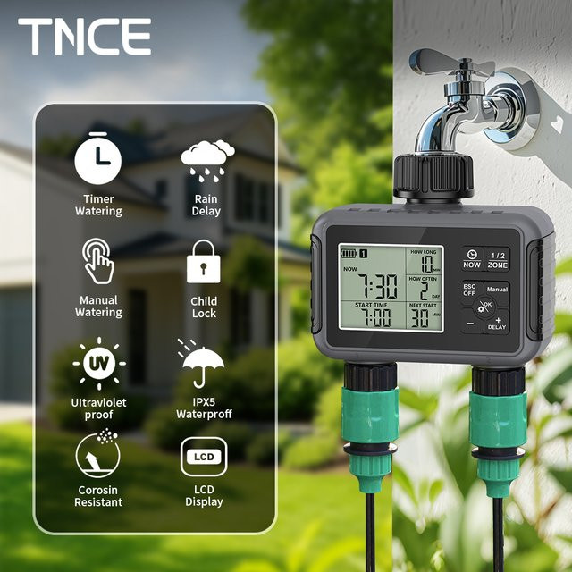 TNCE 1/2-Wege-Wassertimer für Gartenschläuche, programmierbarer Sprinkler-Timer mit Einzel- oder Doppelausgang in Schwarz - Bild 1