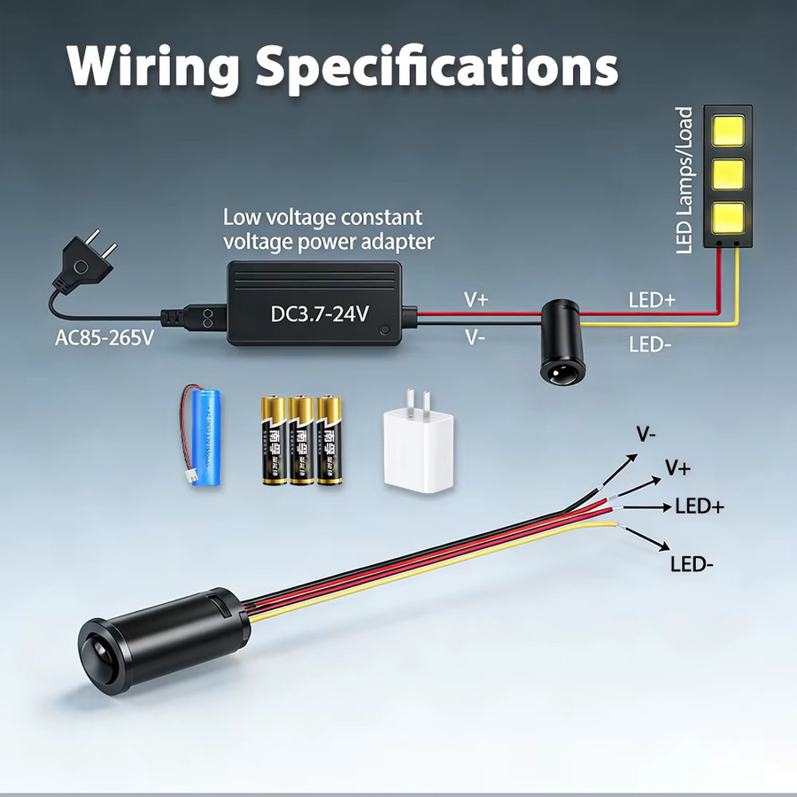 Eingebauter PIR-Bewegungssensor-Schalter in Schwarz mit 5m Erfassungsreichweite und IP44 Schutzklasse für Treppen, Küche oder Flur (5V/12V/24V DC) - Bild 5