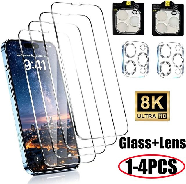 PJPK Displayschutzfolie aus gehärtetem Glas für iPhone 17 16 15 14 13 12 11 Pro Max Mini inklusive Kamera-Schutzfolie, transparent - Bild 1