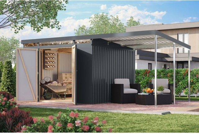 Karibu Metallgerätehaus Neos 3,5 mit Anbaudach und Oberlicht in Anthrazit - Bild 1