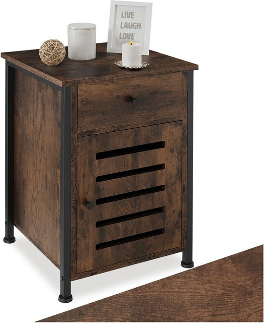 tectake Nachttisch Waterford Industrial Style aus Holz und Stahl in Braun und Schwarz mit Schublade und Staufach, B: 40 cm, T: 42 cm, H: 60,5 cm - Bild 1