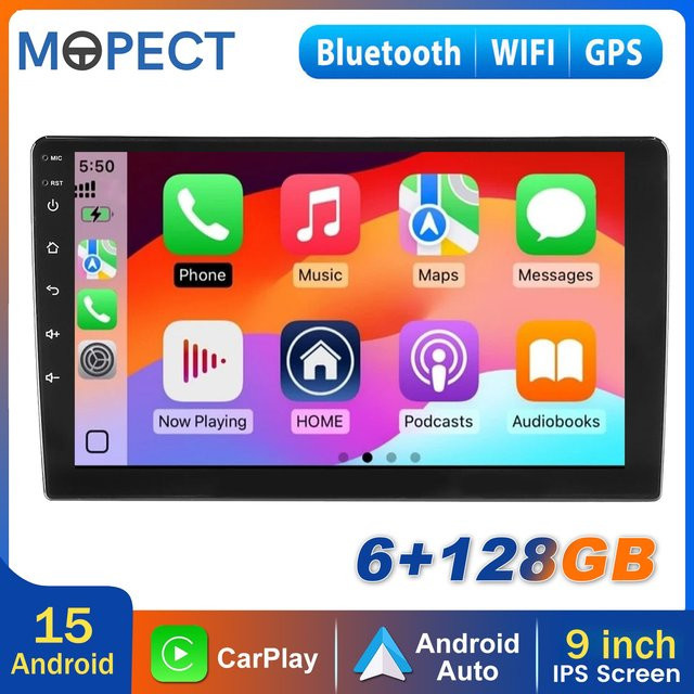 MOPECT 9-Zoll Universal Doppel-DIN Autoradio mit Android 15, 6GB RAM, 128GB Speicher, CarPlay, Bluetooth, GPS, DAB und AHD-Kamera in Schwarz - Bild 1