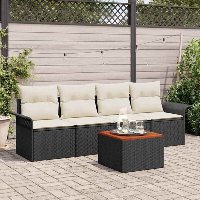 5-teiliges modulares Garten Sofa Set von vidaxl aus Akazie und Polyrattan in Schwarz mit beigen Kissen - Bild 1
