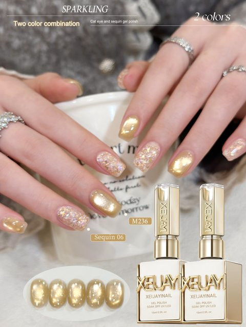 XEIJAYI Nagelgel-Set, 2er-Set, Goldener Katzenaugen- und Süßigkeiten-Glitzer, 15 ml - Bild 1