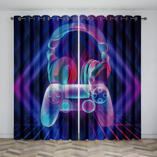 Yiran Furniture Gamer Gamepad Vorhänge für Kinderzimmer, 2er-Set, halbtransparent, Mehrfarbig, B: 50 cm, H: 130 cm - Bild 1