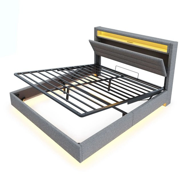 Merax Polsterbett Grau mit LED-Beleuchtung, USB-Anschluss und Hydraulik-Lift B/T/H: 141 x 200 x 110 cm - Bild 1