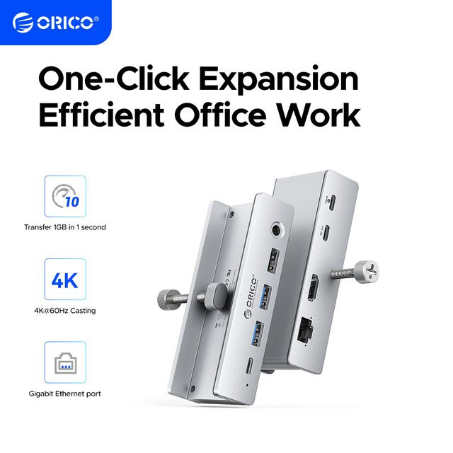 ORICO 8-in-1 USB-C Aluminium Clip-Hub in Silber mit 10Gbps Hochgeschwindigkeits-Datenübertragung und externer Stromversorgung für Mac und PC - Bild 1