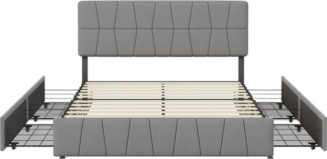 PXloue Doppelbett mit 4 Schubladen in Grau aus Samt und Metall, B/T/H: 160 x 200 x 104 cm - Bild 1