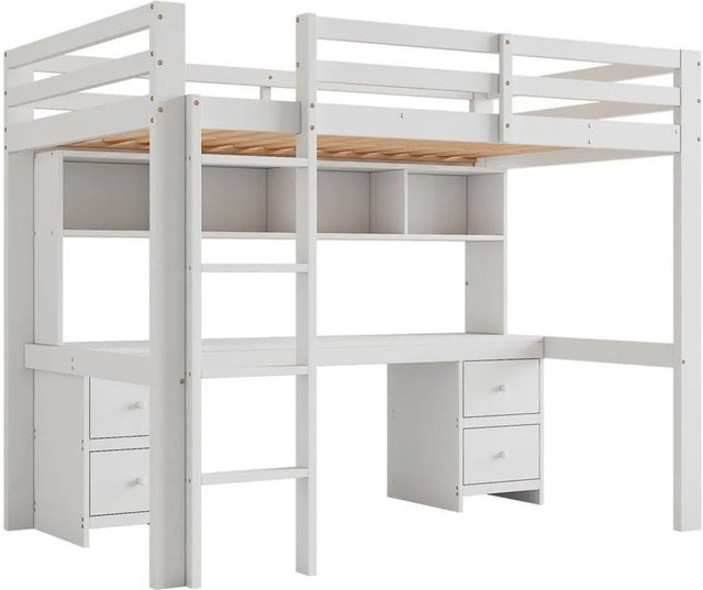 KOMHTOM Hochbett für Kinder in Weiß mit Tisch, Stauraum und Treppe, Kiefernmassivholz und MDF, B/T/H: 90 x 200 x 167 cm - Bild 1