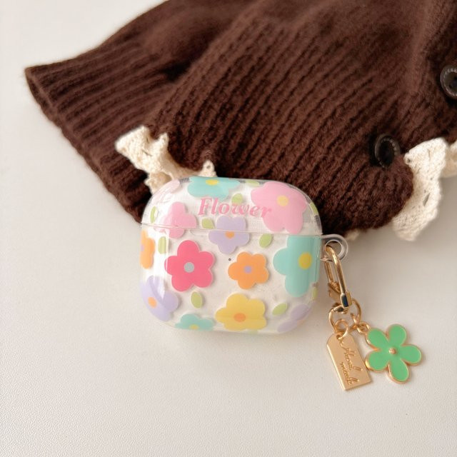 Transparente Kopfhörerhülle mit Blumenmuster in bunten Farben und Blumenanhänger für Apple AirPods 1 2 3 4 Pro Pro2 Pro3 - Bild 1