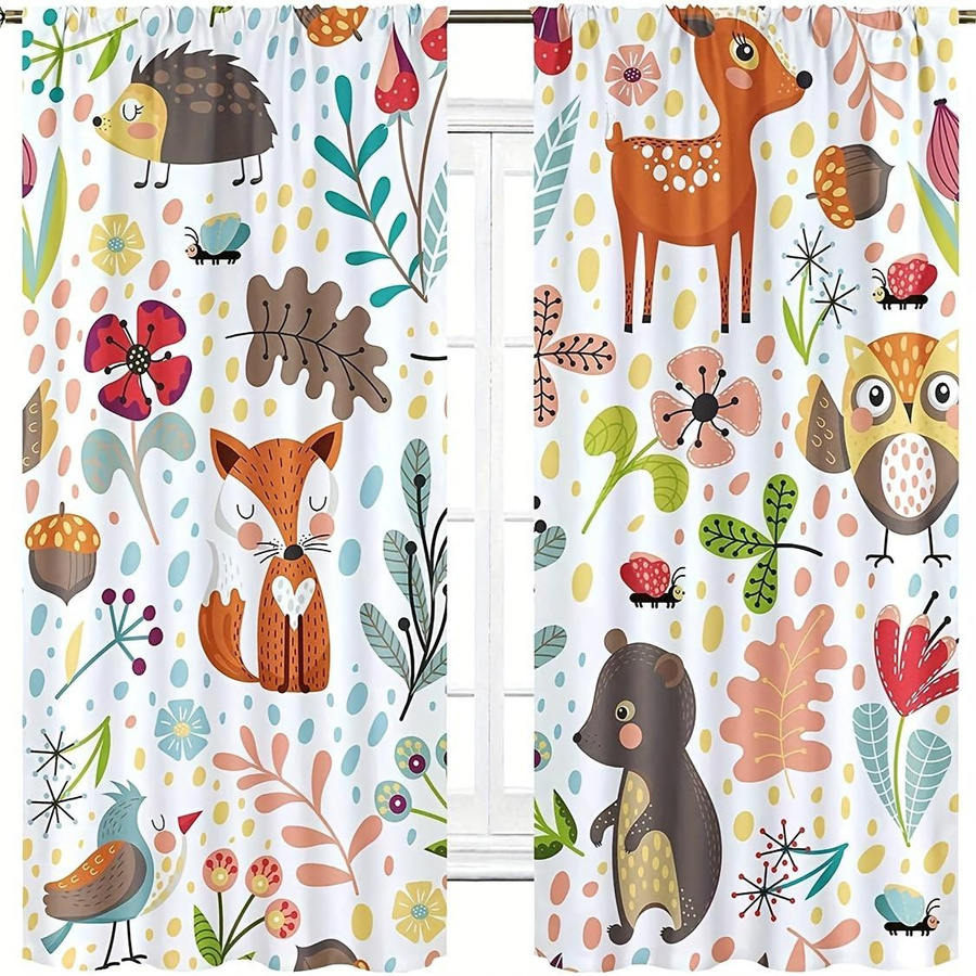 2er-Set Vorhang mit Cartoon Tierprint Fuchs Löwe Giraffe Dschungel, halbtransparent, Mehrfarbig, B: 170 cm, H: 200 cm - Bild 2