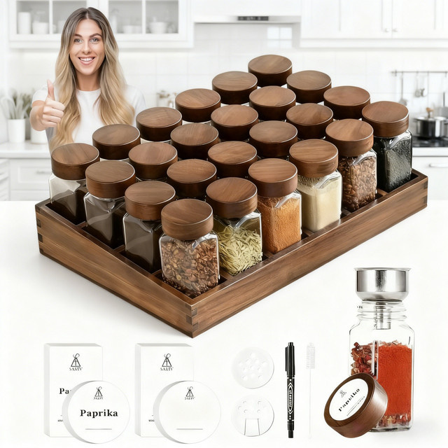 Saeiv Gewürzregal aus Akazienholz mit 12 Gewürzdosen aus Glas und Etiketten, Farbe: Braun, Volumen pro Dose: 120 ml - Bild 1