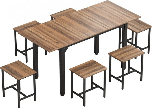 HOMCOM Esstisch-Set 7-teilig im Industriestil mit ausziehbarem Tisch und 6 Hockern, Farbe Nussbaum Schwarz - Bild 1