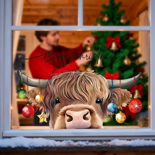 Weihnachten Highland Cattle Fensteraufkleber Wasserdicht und Rückstandsfrei für Glas und Dekoration in Mehrfarben - Bild 1