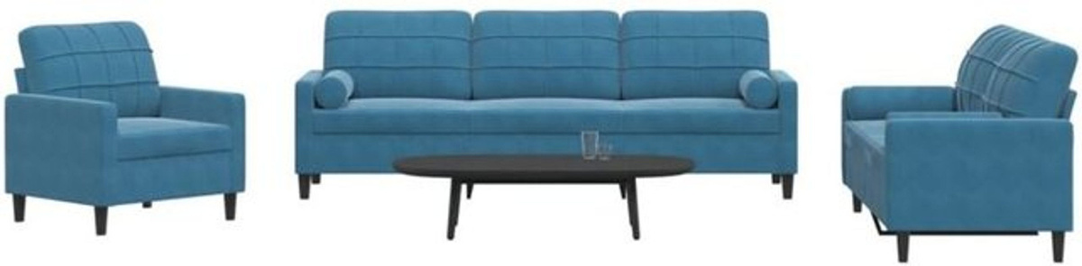 Vidaxl 3-tlg. Sofagarnitur aus Samt mit Kissen und Nackenrollen in Blau mit Metallgestell - Bild 1