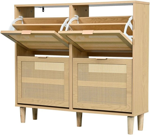 PXloue Schuhschrank mit Rattan-Design in Oak, Schuhkommode im Landhausstil mit 4 Klappen und Schuhkipper-Funktion, B/T/H: 100 x 25,5 x 90 cm - Bild 1