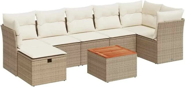 vidaXL 8-teilige Garten-Sofagarnitur in L-Form aus Poly-Rattan und Akazienholz mit Kissen in Beige-Creme - Bild 1