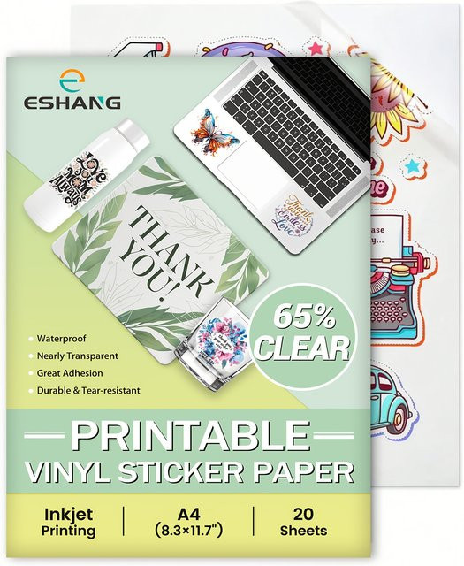 ESHANG 20 Blatt transparentes Vinyl-Aufkleberpapier in A4, wasserfestes und selbstklebendes bedruckbares Aufkleberpapier aus Kunststoff - Bild 1