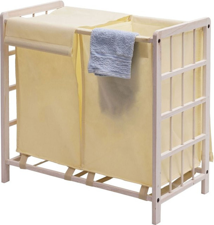 Wäschesammler MCW B60 aus Massivholz mit 2 Fächern in Shabby Weiß und Creme Bezug, B/T/H: 60 x 60 x 33 cm