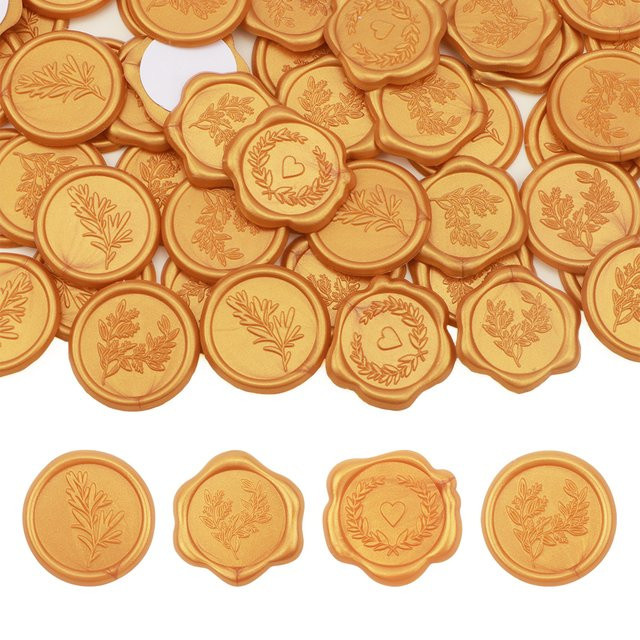 100 Stück selbstklebende Wachssiegel-Aufkleber in Gold mit Rosmarin, Eukalyptus, Olivenblättern und Herz-Motiven - Bild 1