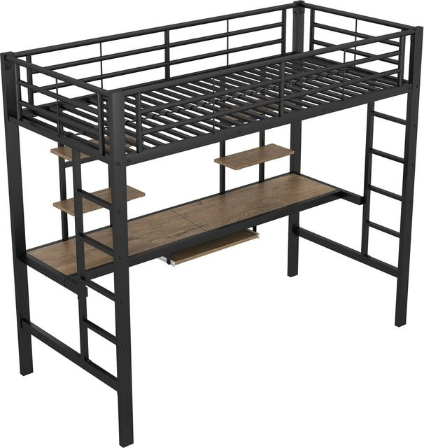 okwish Hochbett für Kinder aus Metall und MDF in Schwarz mit Schreibtisch und zwei Bücherregalen, B/T/H: 90 x 200 x 180 cm - Bild 1