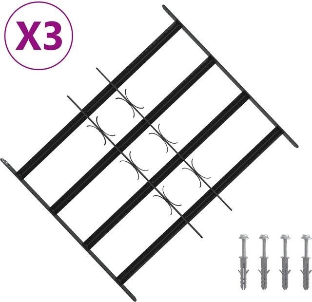 VD Home Furnishing Fenstersicherheitsgitter aus Stahl mit 4 horizontalen Stangen, 3 Stück, Schwarz, Breite: 43 cm, Höhe: 74 cm - Bild 1