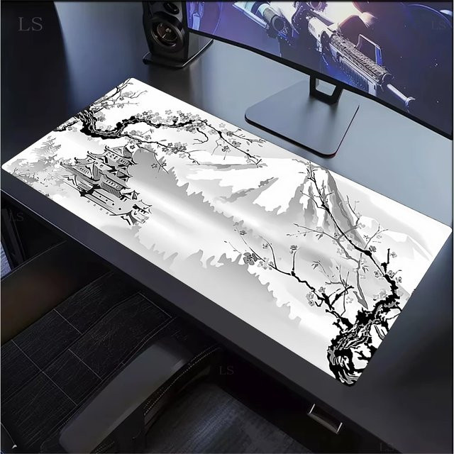 Weiße Sakura Schreibtischunterlage mit japanischem Kirschblüten-Design als rutschfeste Mauspad- und Tastaturunterlage für Büro und Gaming - Bild 1