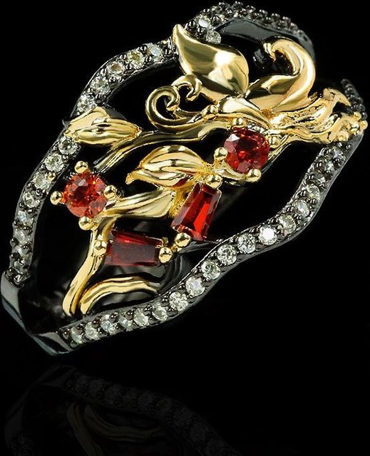 YIRAN Edelsteinring, Zweifarbig Schwarzgold, Retro Floralring, Damen - Bild 1