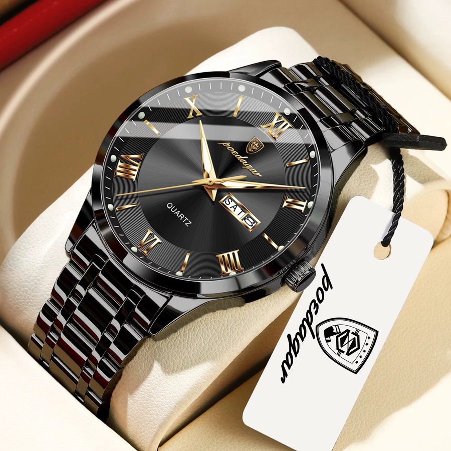 POEDAGAR Armbanduhr Edelstahl, Quarz, Wochentag, Datum, Herren, Schwarz - Bild 2
