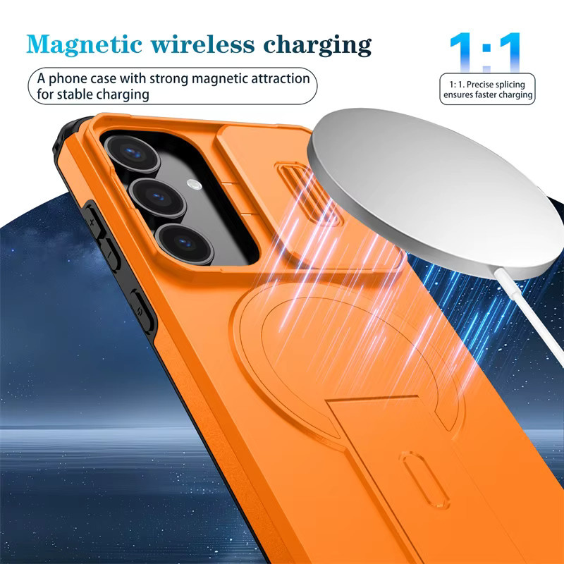 Magnetische 3-in-1 Schutzhülle für Samsung Galaxy S25 Ultra S24 Plus FE S25edge S25FE in Orange mit klappbarem Ständer und verstecktem Linsenschutz - Bild 6