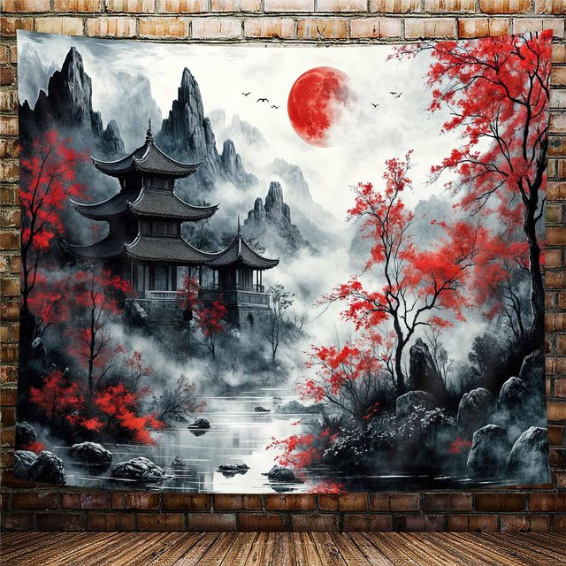 Japanischer Anime Wandbehang mit Kirschblüten und Naturlandschaft in Rot und Schwarz von JMG Household Supplies, Breite: 250 cm, Höhe: 180 cm - Bild 1