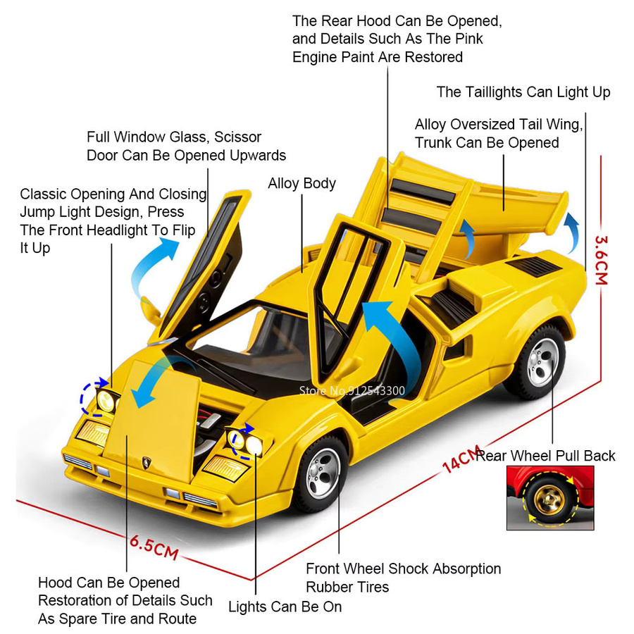 MAKEDA Countach LP500S V12 Sportwagenmodell, Maßstab 1:32, mit Licht und Sound - Bild 2