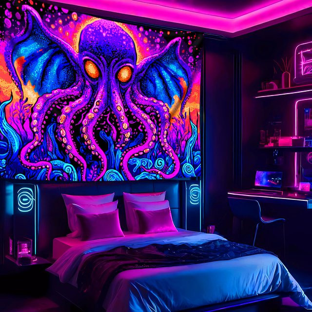 VIKAMA Neon Octopus Wandbehang mit psychedelischem Tier-Design in Multicolour, B/H: 60 x 40 cm - Bild 1