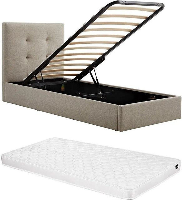 Vente-unique Bett Calinida mit Bettkasten in Taupe und Beige im Art Déco Stil, Breite: 98 cm, Höhe: 101 cm, Tiefe: 201 cm - Bild 1