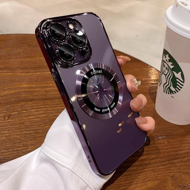 Transparente MagSafe TPU Schutzhülle mit Objektivschutz für Apple iPhone 11 bis 15 Pro Max Plus, Farbe: Transparent/Lila - Bild 1