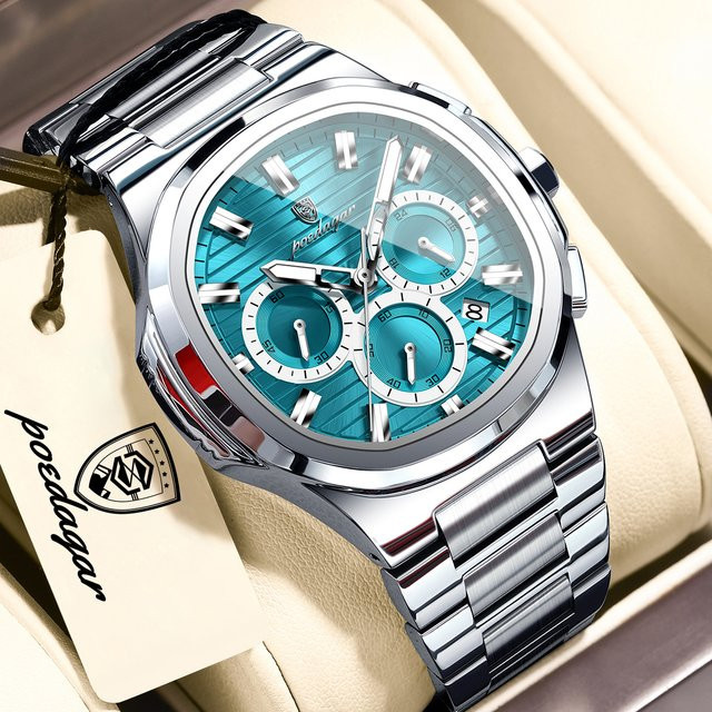 POEDAGAR Chronograph Herrenuhr, Edelstahl, Gold, Quarz, Datum - Bild 1