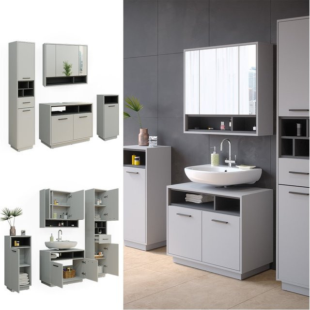 Vicco Badmöbel-Set Beatrice in Grau und Anthrazit, modernes 4-teiliges Badezimmer-Set bestehend aus Spiegelschrank, Waschtischunterschrank, Midischrank und Hochschrank - Bild 1