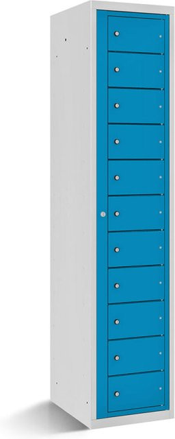 rotstahl Fächerschrank mit Zentraltür und 11 Fächern in Blau mit lichtgrauem Korpus, B/T/H: 40 x 50 x 180 cm - Bild 1