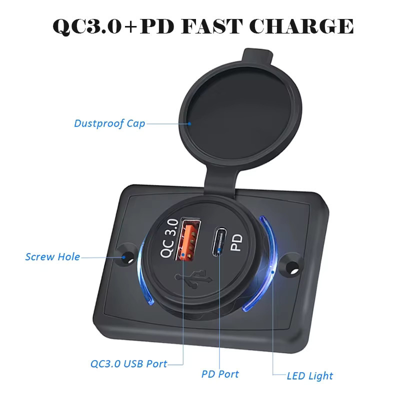 Kankeirr 24V USB-Schnellladebuchse mit USB-A und USB-C, 38W Panel-Ladebuchse mit LED-Licht in Schwarz für Auto, Bus, LKW, Boot und ATV - Bild 2
