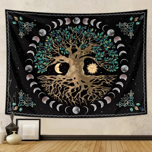 VIKAMA Baum des Lebens Wandteppich mit Galaxie, Sonne, Mond und Sternenhimmel in Multicolour im Bohemian-Stil - Bild 1