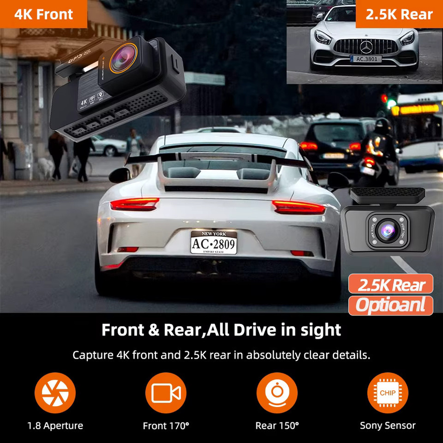 ACCEO 4K Auto-Dashcam in Schwarz mit Nachtsicht, WLAN, optionalem GPS, 2.5K Rückkamera und 24H Parkvideoaufzeichnung - Bild 2