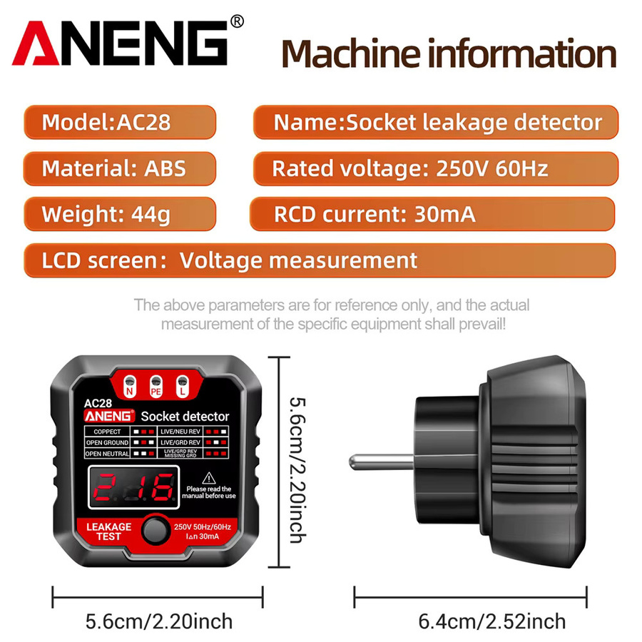 ANENG AC28 Digitaler Steckdosen-Leistungstester in Schwarz als Spannungsprüfer und Steckdosenpolaritätsdetektor für EU/US-Stecker (250 V, 50 Hz/60 Hz) - Bild 5
