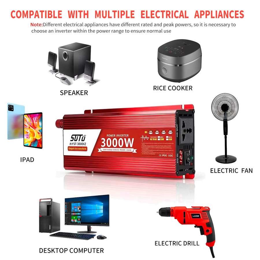 SUTU POWER Wechselrichter 12V 220V Reine Sinuswelle 3000W DC 12V 24V zu AC 220V 110V Tragbarer Stromversorgungskonverter in Rot - Bild 3