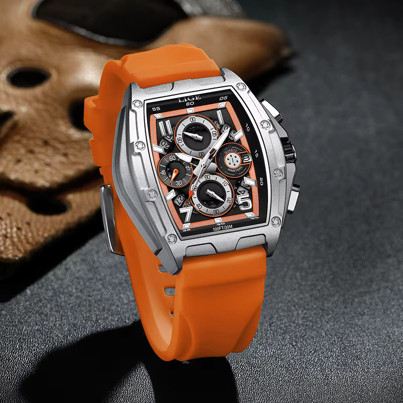 LIGE Armbanduhr Chronograph, Quarz, eckig, Silikon, Schwarz, Herren - Bild 6