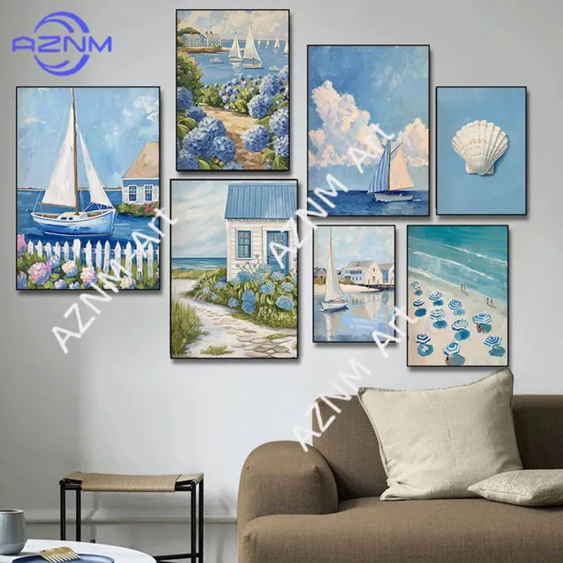 KAYOU Vintage Leinwandbild in Blau mit maritimem Segelboot, Muscheln und floralen Hortensien als Wandkunst für dein Zuhause - Bild 1